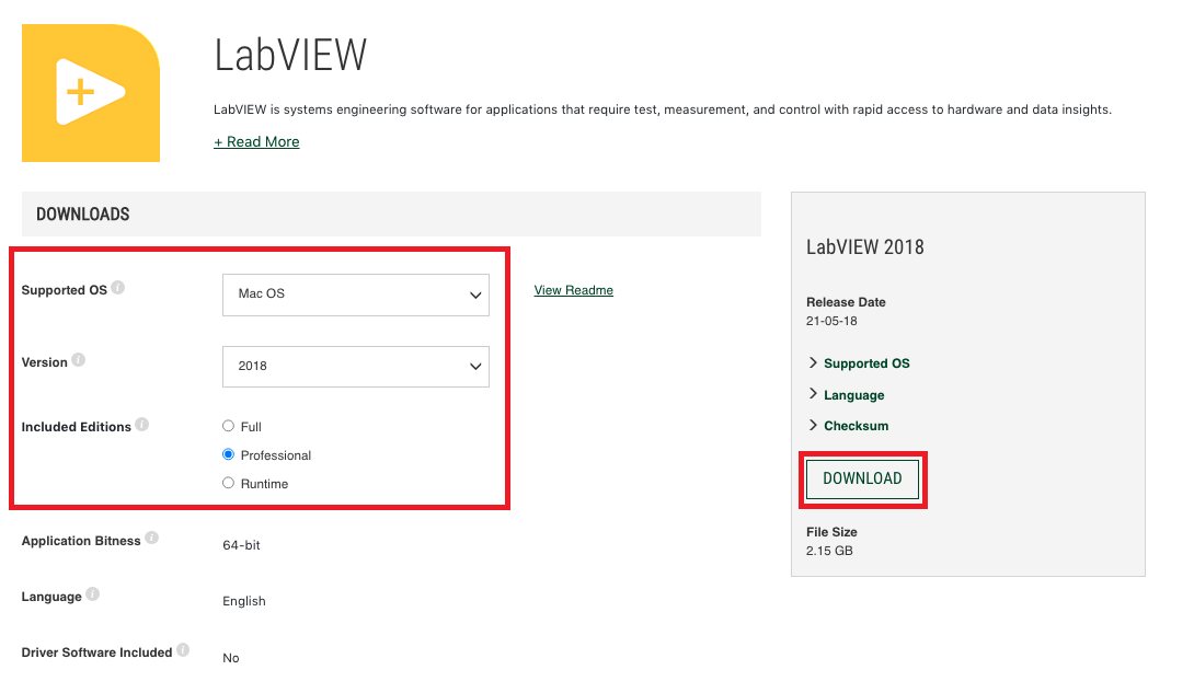 Screenshot of downloading LabVIEW for MacOS from the NI website 