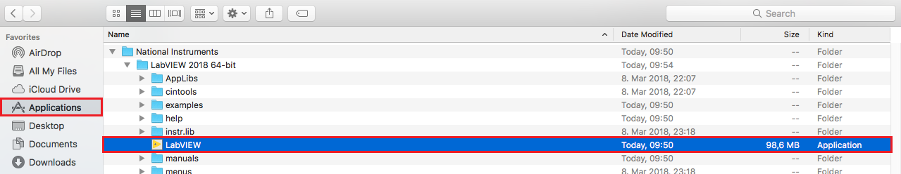 Screenshot of the LabVIEW in the applications explorer, after the installation 