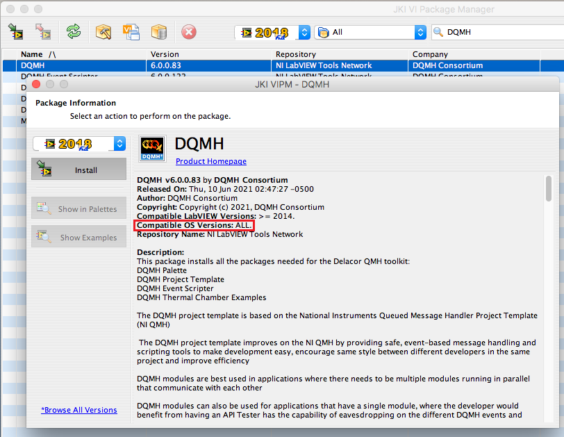 Highlighting the compatible OS versions of the DQMH package in the MacOS version of JKI’s VI Package Manager 