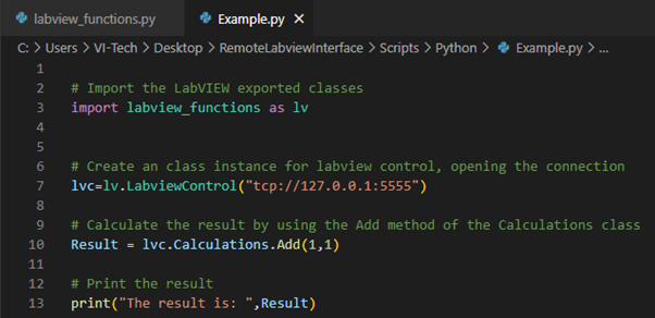 Depiction of an example Python script that makes use of the remote LabVIEW interface 