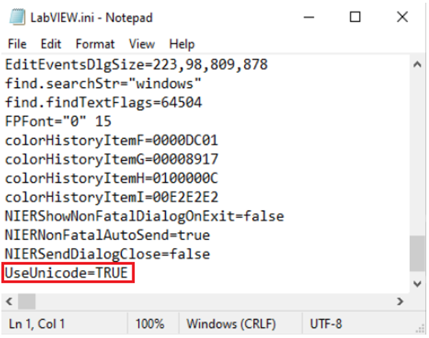 Screenshot of enabling Unicode in the LabVIEW in file